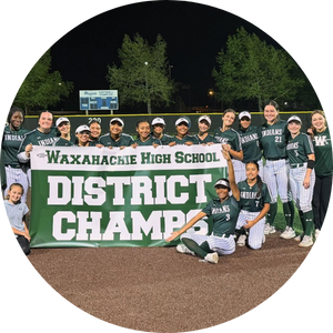  high school softball team in uniform holding district champs sign